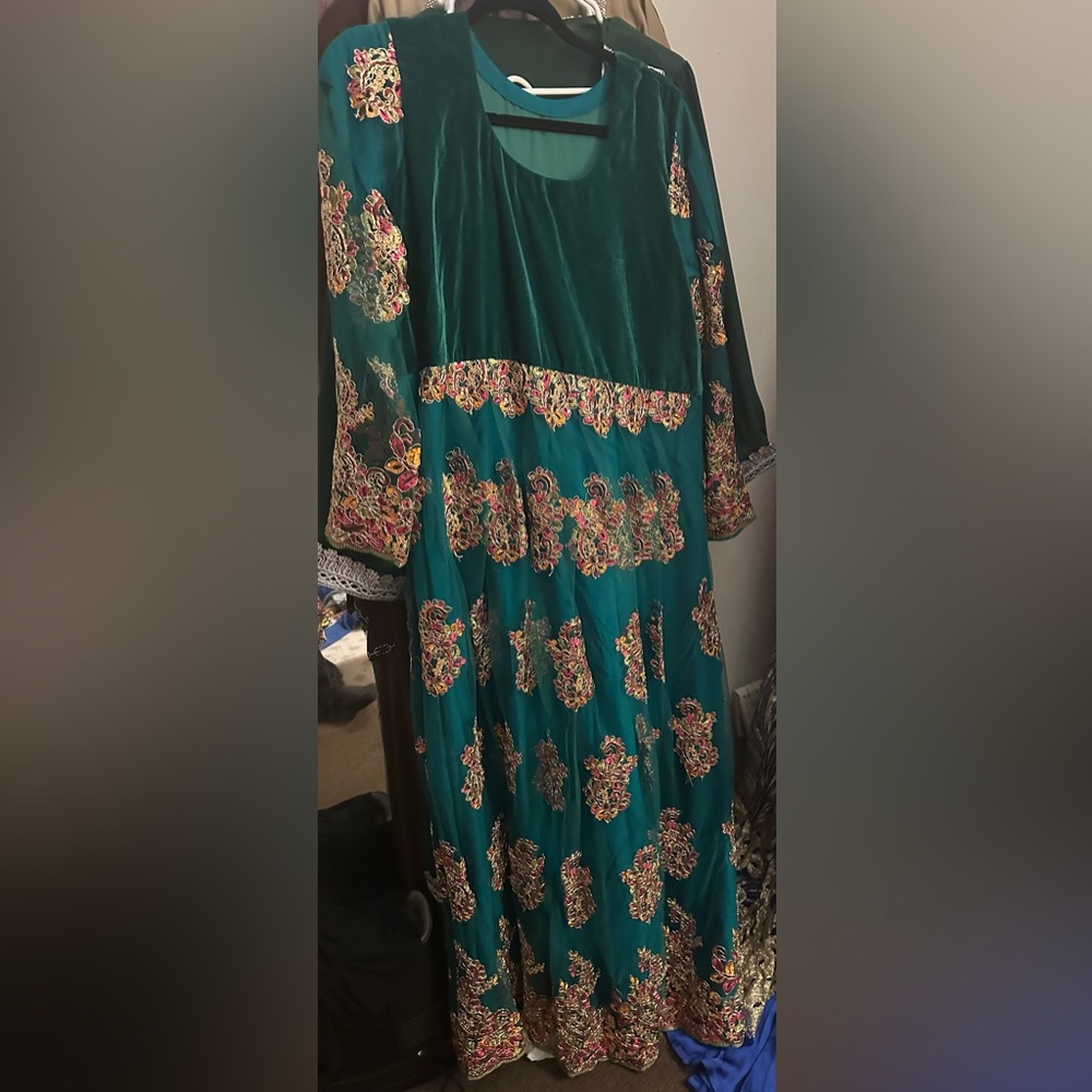 Elegant Teal and Gold Embroidered Dress